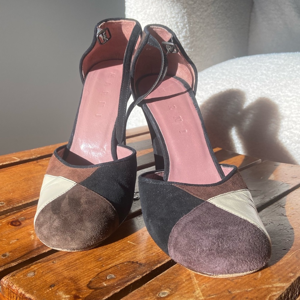 RARE Vintage Patchwork Suede Pumps with Ankle Strap